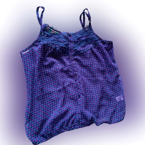 Blue Sheer Faux Button Top with Lace Detail - Picture 2 of 7